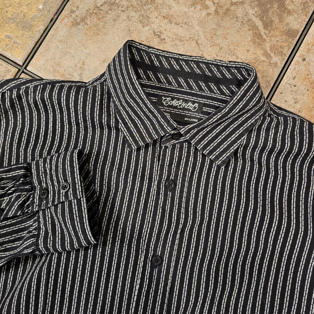 Ecko Unltd Mens 2XL Striped Long Sleeve Button Up Shirt Black White‎ 100% Cotton